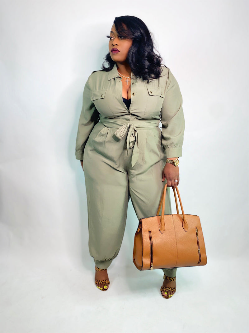 “FOREVER POISED” BUTTON UP TIE WAIST JUMPSUIT