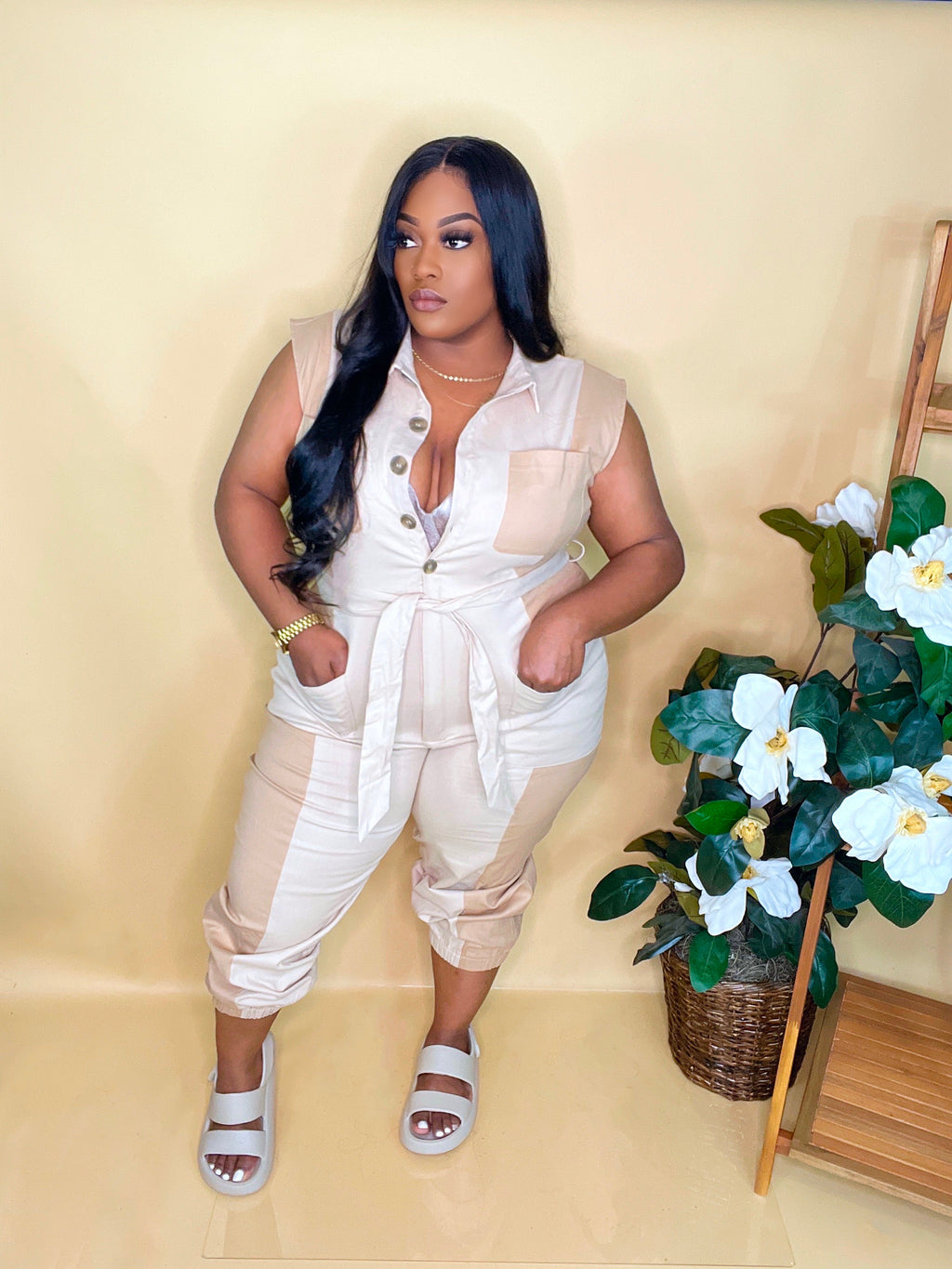 "CREME DE LA CREME" DENIM COLORBLOCK JUMPSUIT