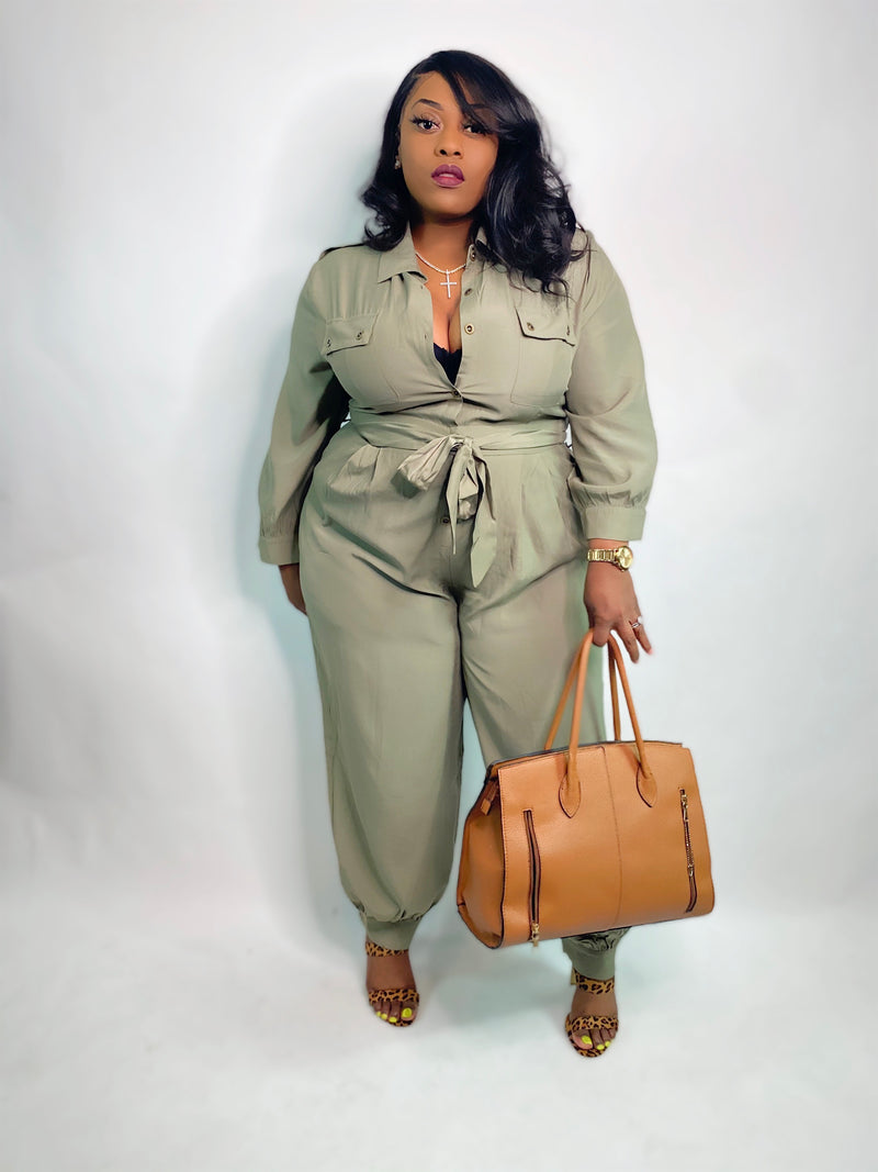 “FOREVER POISED” BUTTON UP TIE WAIST JUMPSUIT